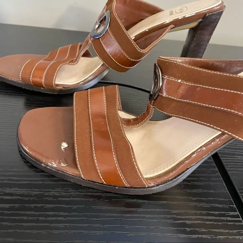 Circa Joan & David Brown Fabric Upper and Leather Sole Mule Sandal, 10